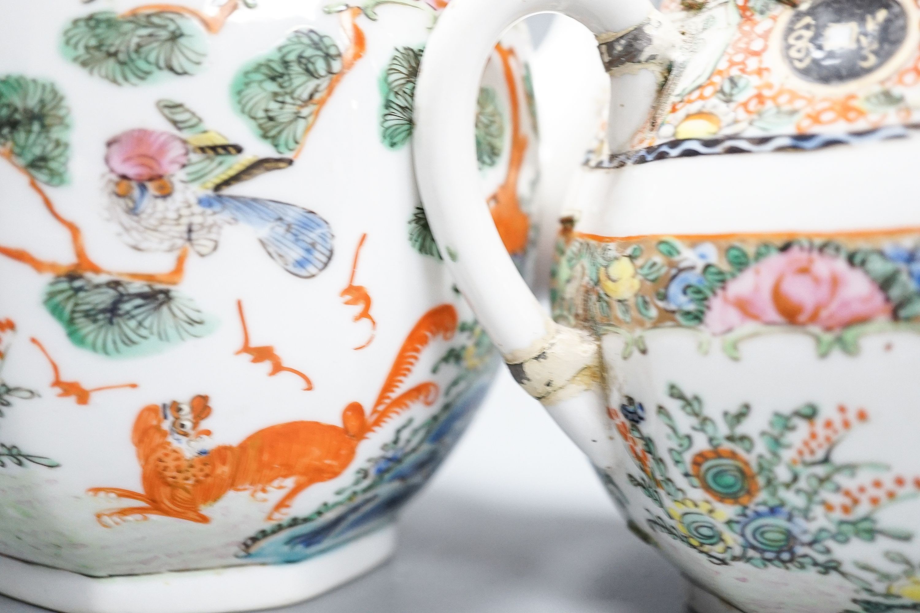A Chinese celadon glazed vase, 24cm and a Chinese famille rose teapot and matching cream jug, a.f.